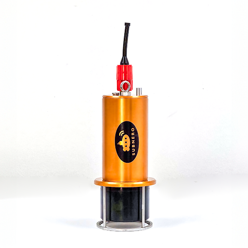 Subnero L12L Series Silver Edition LF acoustic smart modem mounted upright on its base, showing the underwater connector and cable assembly